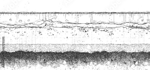Abstract monochrome cross-section of geological strata with distinct layers of granular and cracked textures creating a detailed scientific of earth's composition and subsurface structure