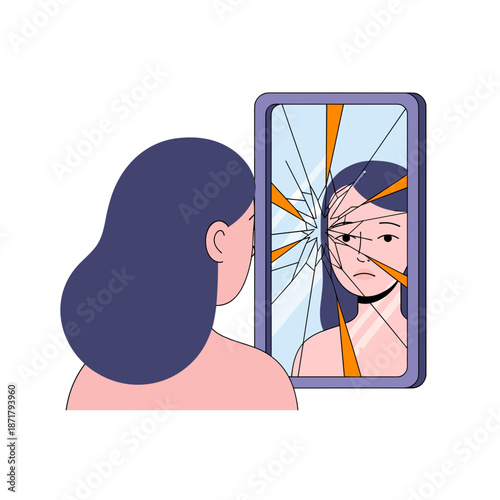 Woman looking in broken mirror reflecting sadness and self-reflection