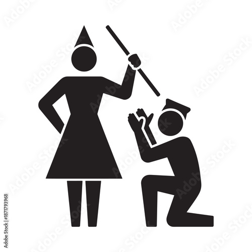 A stark silhouette depicts a figure wielding a stick over a kneeling person