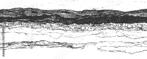 Abstract monochrome textured background with layered geological strata and rough organic patterns creating a sense of depth and natural erosion