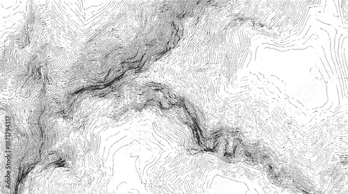 Detailed topographic map contour lines illustrating mountainous terrain with winding valleys and steep inclines creating a sense of elevation and natural landscape