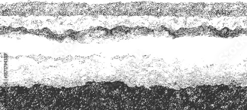 Abstract monochrome horizontal bands of varied textures including granular wavy and linear patterns representing layers of or natural formations in a visually complex composition