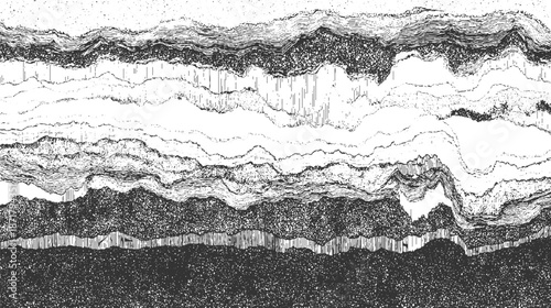 Complex monochrome abstract of geological strata with diverse textures and irregular wavy layers representing earth's deep formations and natural history