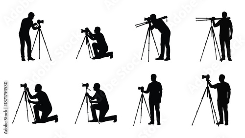 Silhouettes of photographers using tripods in various shooting positions