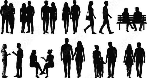 Couple and family silhouettes collection, people walking talking sitting together isolated on white background, relationships lifestyle illustration stock set