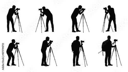 Silhouettes of photographers using tripods in various poses and perspectives