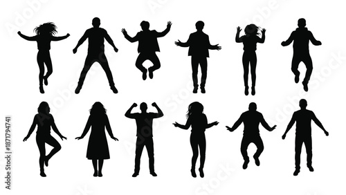 Silhouettes of people in various dynamic poses jumping and gesturing vividly