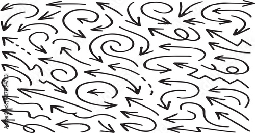 A complex pattern of black arrows on a white background with various shapes and directions