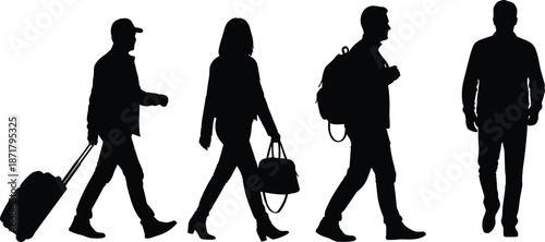 People silhouettes walking with luggage and bags, travelers and commuters representing journey, travel, lifestyle and everyday movement concept