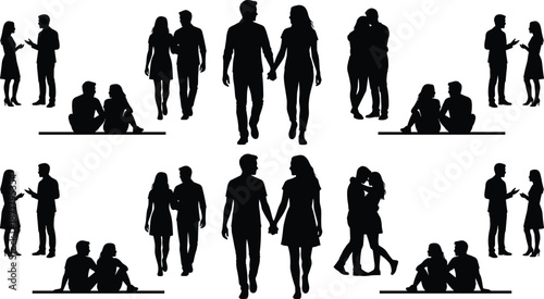 Romantic couple silhouettes set, man and woman relationships activities isolated on white background, love dating lifestyle illustration stock concept