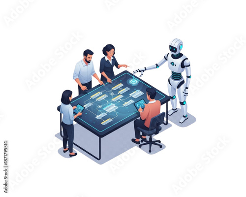 AI Robot & Diverse Team Collaborating on Interactive Data Workflow: Business People Analyze Strategy, Plan Future Tech, and Optimize Processes on a Digital Table. Isometric Vector.