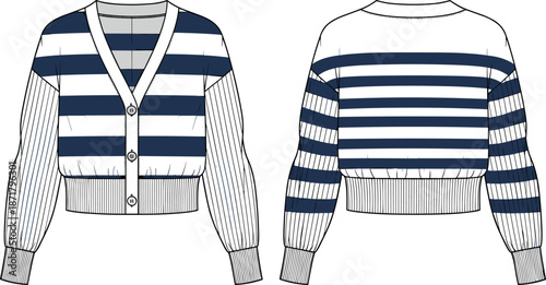 Flat fashion technical illustration of a women's cropped striped knit cardigan sweater with V-neckline, long sleeves, and ribbed trim details.