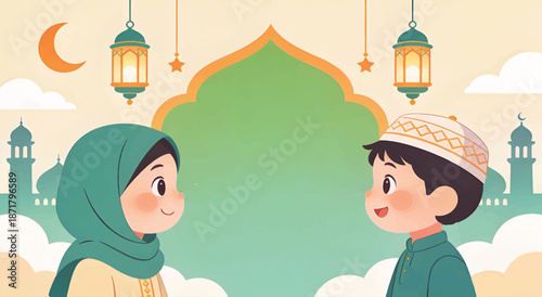 Cute Muslim Children Ramadan Banner with Mosque and Lanterns