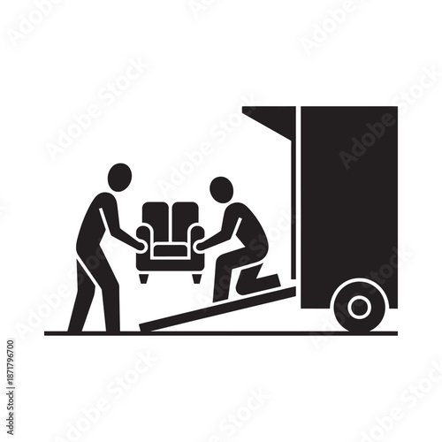 Two people moving a sofa with a dolly a simple black and white illustration