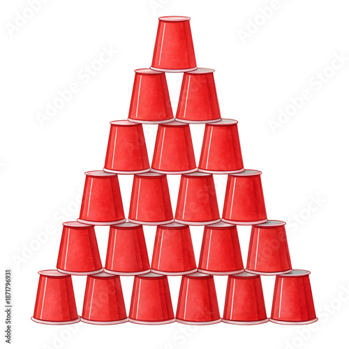 Watercolor Red plastic cups stacked in pyramid isolated on a transparent background