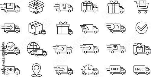 Delivery and logistics line icons set vector illustrating shipping trucks, parcels, fast transport, ecommerce fulfillment, tracking, and courier service concepts
