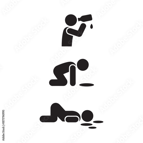 Stick figure depicting stages of intoxication drinking stumbling and collapse