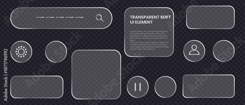 Collection of Liquid glass  smartphone icon user interface components with metallic outlines, including a search field, settings icon. Control center widget for smartphone and web vector illustration.