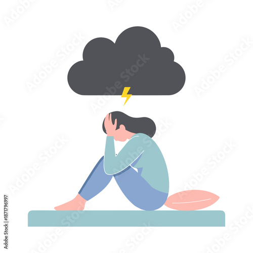 Young woman sitting with hands on her head in a rain cloud