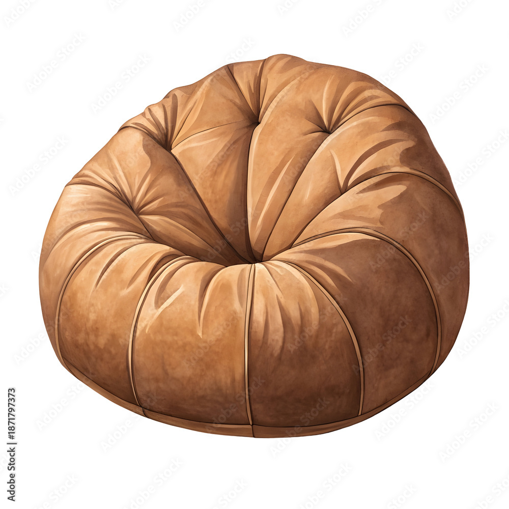 Fototapeta premium Watercolor Tufted Brown Bean Bag Chair isolated on a transparent background