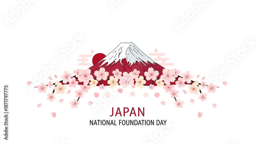 Illustration of Mount Fuji with cherry blossoms and Japan National Foundation Day text on a white background.