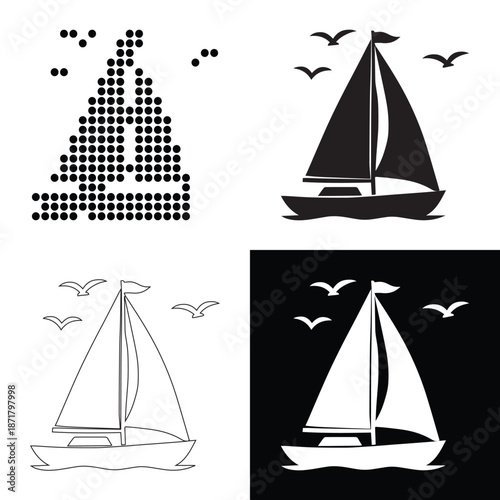 Elegant sailboat glides across the water with birds flying overhead, presented in multiple graphic styles