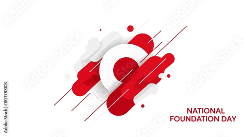 Graphic design celebrating Japan's National Foundation Day with red and white abstract shapes on a clean background.
