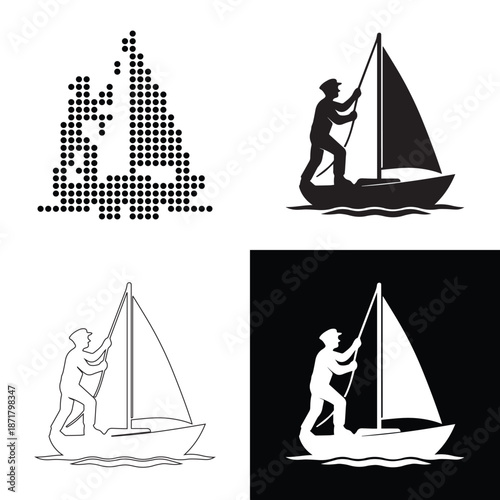 Silhouette of a sailor on a sailboat, ready to hoist the sail on the open water.