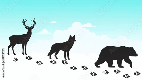 Wildlife animals silhouettes walking in snow with footprints.