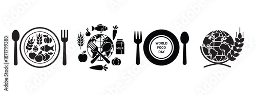 World Food Day icons featuring a globe, healthy ingredients, wheat and cutlery to promote global food security, nutrition and sustainable agriculture.