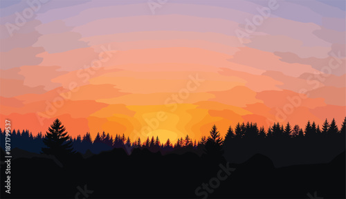 Atmospheric vector of a dark pine forest silhouette at sunset under a layered hazy orange and lavender sky.