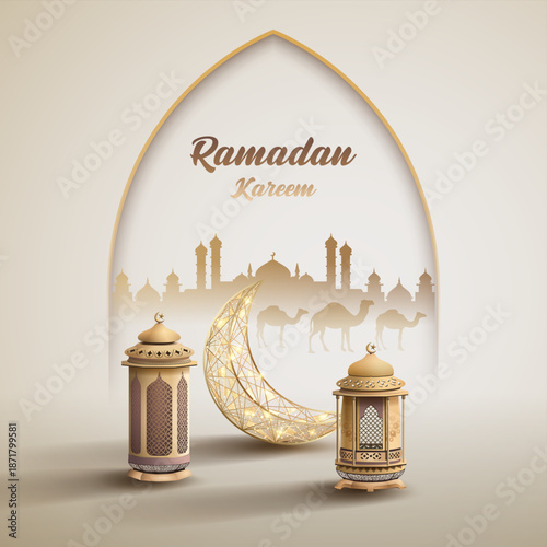 islamic greetings ramadan kareem card with lanterns and crescent moon