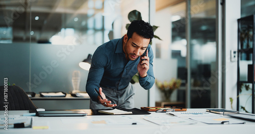 Cuadro en lienzo Creative agency, phone call and man with documents, discussion and problem solving for article report