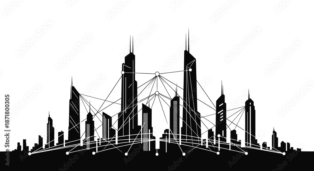 Naklejka premium City skyline with skyscrapers and bridge.