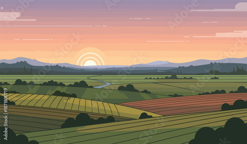 Flat style agricultural landscape vector with layered sunrise over green farm fields winding river and distant mountain silhouettes.