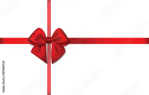 Classic red satin bow and crossed ribbons on white background for gift box decoration and card design