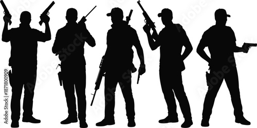 Silhouettes of five armed individuals in tactical poses with firearms, symbolizing readiness, action, and anonymity in black illustration.