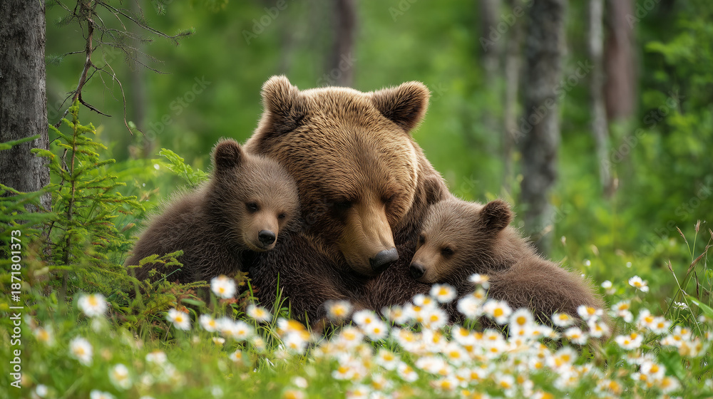 Fototapeta premium Brown bear family cuddling in wildflowers forest wildlife animal photography stock image nature scene outdoors
