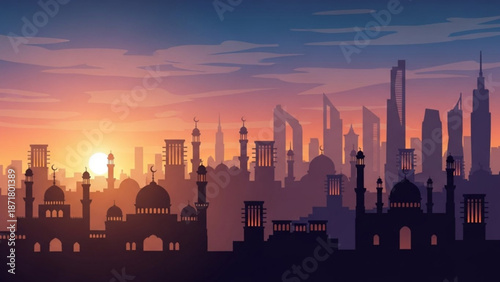 Dubai Skyline Silhouette at Sunset with Mosque and Skyscrapers Vector Illustration