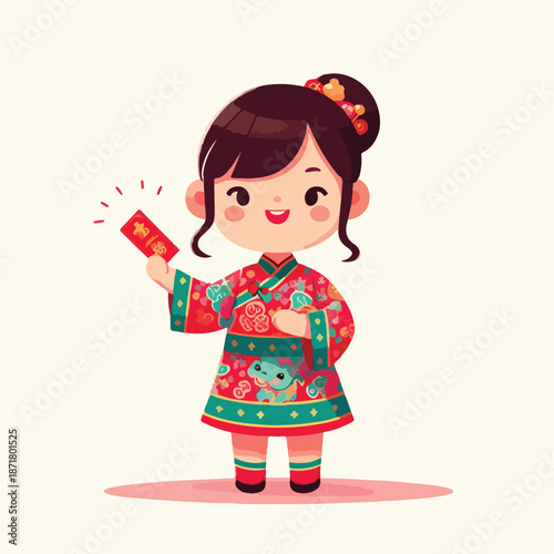 vector happy little girl holding chinese new year red envelope