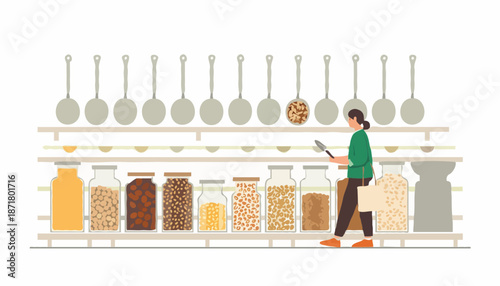 Zero-waste grocery refill store with glass jars and reusable shopping bag