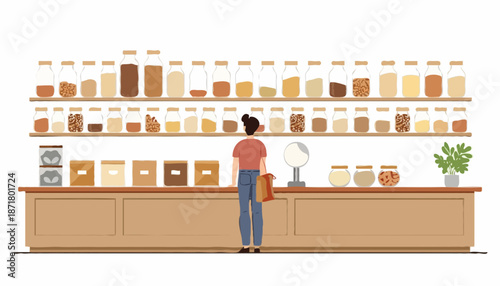 Zero-waste grocery refill store with glass jars and reusable shopping bag