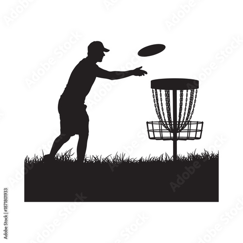 Silhouette of a disc golfer throwing a frisbee towards the target basket
