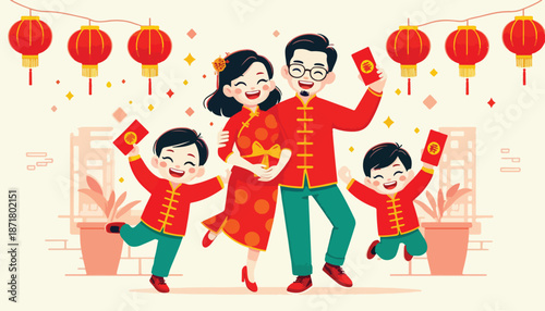 happy family vector holding Chinese New Year red envelopes
