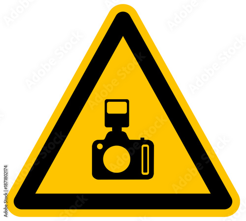 Señal de advertencia con icono de cámara de fotos ilustración de vector amarillo y negro para fotografía y seguridad
