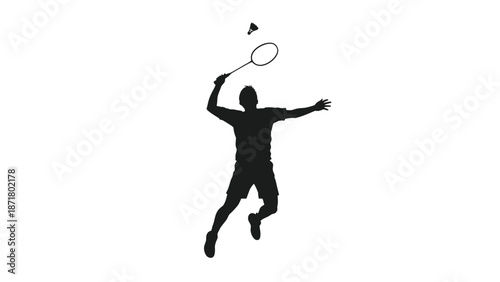 A silhouette of a man playing badminton with racket and shuttlecock white on whit background