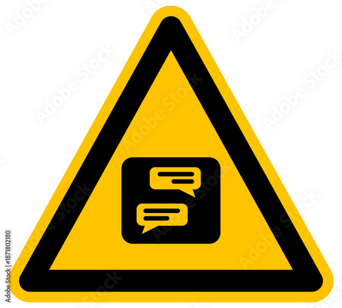 Señal de advertencia con icono de burbujas de chat y diálogo ilustración de vector amarillo para comunicación y redes sociales