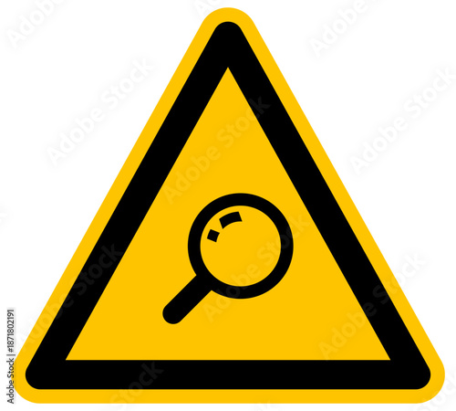Señal de advertencia con icono de lupa de búsqueda ilustración de vector amarillo para análisis e investigación