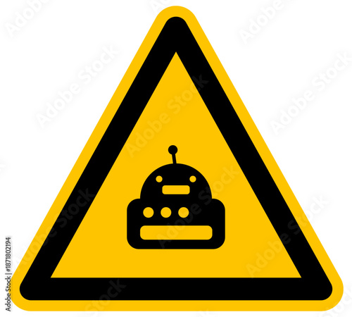 Señal de advertencia con icono de robot e inteligencia artificial ilustración de vector amarillo para tecnología y automatización