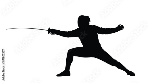 A fencer in a dynamic stance with a sword white with silhouette and fencing on whit background